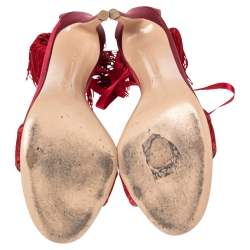 Pre Owned Gianvitto Rossi Red Satin Olivia Fringe Ankle Wrap Sandals Size 39.5