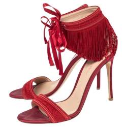 Pre Owned Gianvitto Rossi Red Satin Olivia Fringe Ankle Wrap Sandals Size 39.5