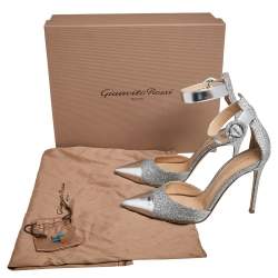 Pre Owned Gianvito Rossi Silver Leather And Glitter Ankle Strap Sandals Size 37.5