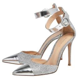 Pre Owned Gianvito Rossi Silver Leather And Glitter Ankle Strap Sandals Size 37.5