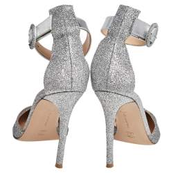 Pre Owned Gianvito Rossi Silver Leather And Glitter Ankle Strap Sandals Size 37.5
