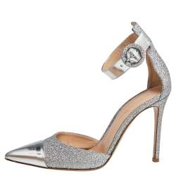 Pre Owned Gianvito Rossi Silver Leather And Glitter Ankle Strap Sandals Size 37.5