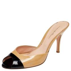 Pre Owned Gianvito Rossi Beige/Black Patent Leather Sandals Size 37.5
