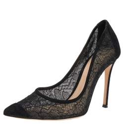 Pre Owned Gianvito Rossi Black Lace and Suede Pointed Toe Pumps Size 39