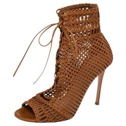 Pre Owned Gianvito Rossi Tan  Woven Leather Marnie Lace Up Peep Toe Ankle Booties Size  37.5