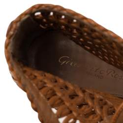 Pre Owned Gianvito Rossi Tan  Woven Leather Marnie Lace Up Peep Toe Ankle Booties Size  37.5