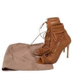 Pre Owned Gianvito Rossi Tan  Woven Leather Marnie Lace Up Peep Toe Ankle Booties Size  37.5