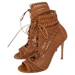Pre Owned Gianvito Rossi Tan  Woven Leather Marnie Lace Up Peep Toe Ankle Booties Size  37.5