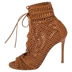 Pre Owned Gianvito Rossi Tan  Woven Leather Marnie Lace Up Peep Toe Ankle Booties Size  37.5
