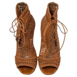 Pre Owned Gianvito Rossi Tan  Woven Leather Marnie Lace Up Peep Toe Ankle Booties Size  37.5