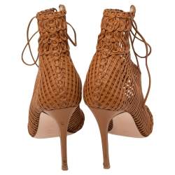 Pre Owned Gianvito Rossi Tan  Woven Leather Marnie Lace Up Peep Toe Ankle Booties Size  37.5