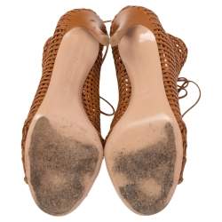 Pre Owned Gianvito Rossi Tan  Woven Leather Marnie Lace Up Peep Toe Ankle Booties Size  37.5