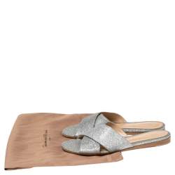 Pre Owned Gianvito Rossi Silver Glitter Fabric Crisscross Flats Size 37