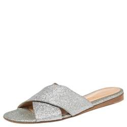 Pre Owned Gianvito Rossi Silver Glitter Fabric Crisscross Flats Size 37