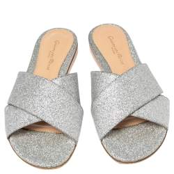 Pre Owned Gianvito Rossi Silver Glitter Fabric Crisscross Flats Size 37