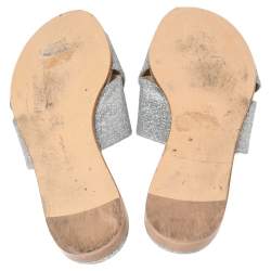 Pre Owned Gianvito Rossi Silver Glitter Fabric Crisscross Flats Size 37