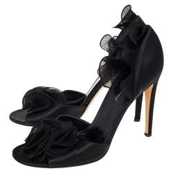 Pre Owned Gianvito Rossi Black Satin And Lace Rose Peep Toe Sandals Size 39.5