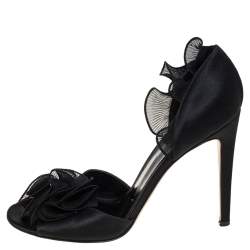 Pre Owned Gianvito Rossi Black Satin And Lace Rose Peep Toe Sandals Size 39.5