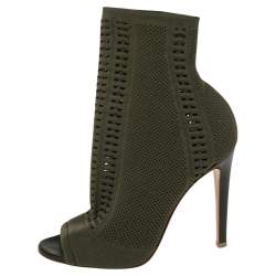 Pre Owned Gianvito Rossi Green Knit Fabric Peep Toe Ankle Boot Size 36