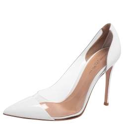 Pre Owned Gianvito Rossi White Patent Leather and PVC Plexi Pointed Toe Pumps Size 39