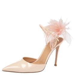 Pre Owned Gianvito Rossi Beige Patent Leather Simmone Feather Ankle Strap Sandals Size 39.5
