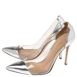 Pre Owned Gianvito Rossi Silver Leather And PVC Plexi Pointed Toe Pumps Size 36.5