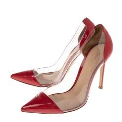Pre Owned Gianvito Rossi Red Patent Leather And PVC Plexi Pointed Toe Pumps Size 36.5