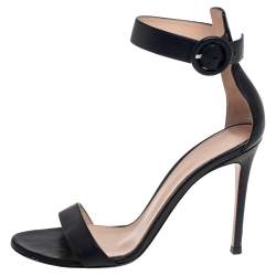 Pre Owned Gianvito Rossi Black Leather Portofino Ankle Strap Sandals Size 37.5
