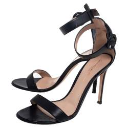 Pre Owned Gianvito Rossi Black Leather Portofino Ankle Strap Sandals Size 37.5