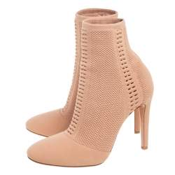 Pre Owned Gianvito Rossi Beige Knit Fabric Ankle Boots Size 37.5