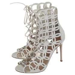 Pre Owned Gianvito Rossi White Cutout Leather Lace Up Peep Toe Sandals Size 39
