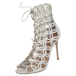 Pre Owned Gianvito Rossi White Cutout Leather Lace Up Peep Toe Sandals Size 39