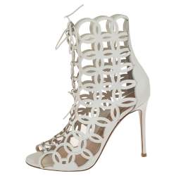 Pre Owned Gianvito Rossi White Cutout Leather Lace Up Peep Toe Sandals Size 39