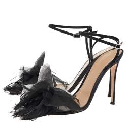 Pre Owned Gianvito Rossi Black Satin Feather Flower Ankle Strap Sandals Size 40