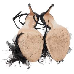 Pre Owned Gianvito Rossi Black Satin Feather Flower Ankle Strap Sandals Size 40