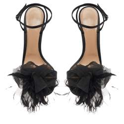 Pre Owned Gianvito Rossi Black Satin Feather Flower Ankle Strap Sandals Size 40