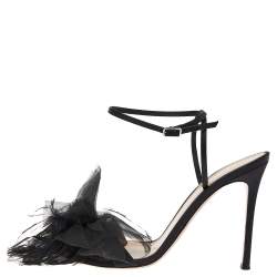 Pre Owned Gianvito Rossi Black Satin Feather Flower Ankle Strap Sandals Size 40