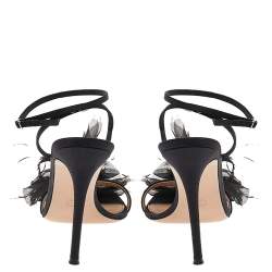 Pre Owned Gianvito Rossi Black Satin Feather Flower Ankle Strap Sandals Size 40