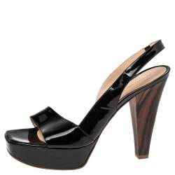 Gianvito Rossi Black Patent Leather Platform Slingback Wooden Heel Sandals Size 38