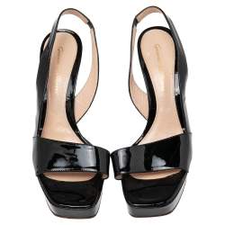 Gianvito Rossi Black Patent Leather Platform Slingback Wooden Heel Sandals Size 38