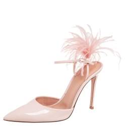 Pre Owned Gianvito Rossi Pastel Pink Patent Leather And Ostrich Feather Simone Pointed Toe Ankle Strap Sandals Size 38.5