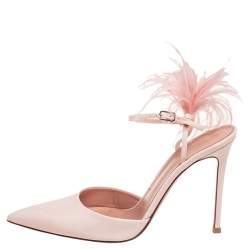 Pre Owned Gianvito Rossi Pastel Pink Patent Leather And Ostrich Feather Simone Pointed Toe Ankle Strap Sandals Size 38.5