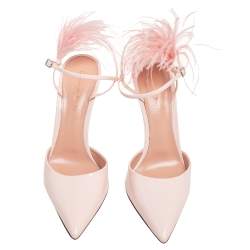 Pre Owned Gianvito Rossi Pastel Pink Patent Leather And Ostrich Feather Simone Pointed Toe Ankle Strap Sandals Size 38.5