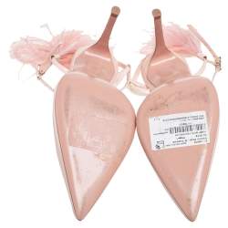 Pre Owned Gianvito Rossi Pastel Pink Patent Leather And Ostrich Feather Simone Pointed Toe Ankle Strap Sandals Size 38.5