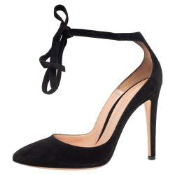 Pre Owned Gianvito Rossi Black Suede Round Toe Ankle Wrap Pumps Size 39