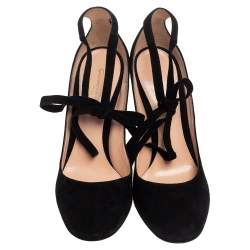 Pre Owned Gianvito Rossi Black Suede Round Toe Ankle Wrap Pumps Size 39