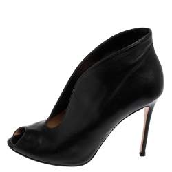 Pre Owned Gianvito Rossi Black Leather V-Neck Peep Toe Ankle Booties Size 40