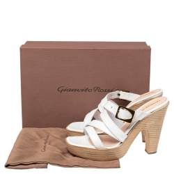 Pre Owned Gianvito Rossi White Leather Strappy Wooden Platform Sandals Size 38.5
