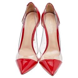 Pre Owned Gianvito Rossi Red Patent Leather And PVC Plexi Pointed Toe Pumps Size 40