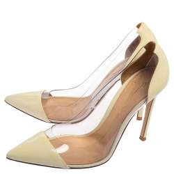 Pre Owned Gianvito Rossi Cream Patent Leather And PVC Plexi Pointed Toe Pumps Size 38.5